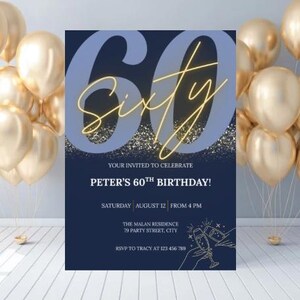 Editable 60th Birthday Invitation/Navy & Gold Digital Party Invite/Sixty Birthday Celebration for Him/ Instant Download
