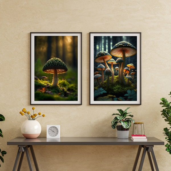 Mushroom Decor Wall Art High Resolution Digital Print Photography Instant Download Mushrooms in Forest Double Bundle