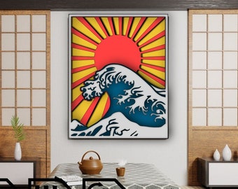 Archivo Kanagawa. Archivo vectorial para láser, CNC y plotter. Decoración, arte mural y escala de 4 capas. SVG, PNG, PDF, LBRN2.