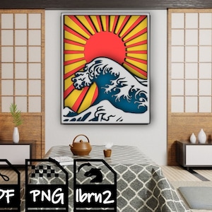 Könnte beinhalten: Gerahmtes Kunstwerk mit einem stilisierten japanischen Wellendesign mit roter Sonne und gelben Strahlen. Die Welle ist blau und weiß, vor einem gelb-roten Hintergrund. Das Bild wird in einem Raum im japanischen Stil angezeigt.