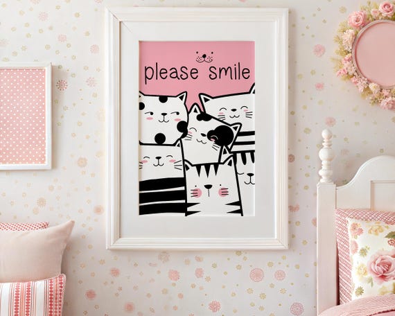 Cat Printable Wall Art | Kawaii Kitten Nursery Print | Pink Baby Room Decor