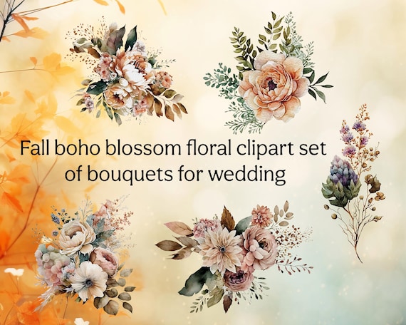 Fall Boho Floral Bouquets Clipart Set | Watercolour Autumn Wedding PNG SVG