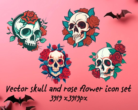Gothic Skull Rose Clipart Set | Tattoo Style Floral Graphics (PNG, SVG)