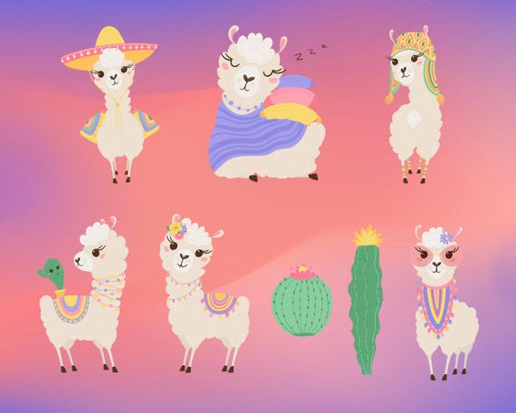 Pastel Llama & Cactus Clipart Bundle – Cute Boho Animal Graphics | Pastel Llama Digital Download | Watercolor Llama and Cactus