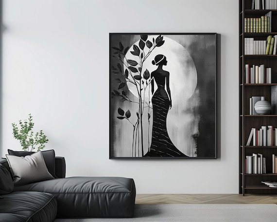 Elegant Woman Silhouette Wall Art | Black & White Abstract Feminine Painting