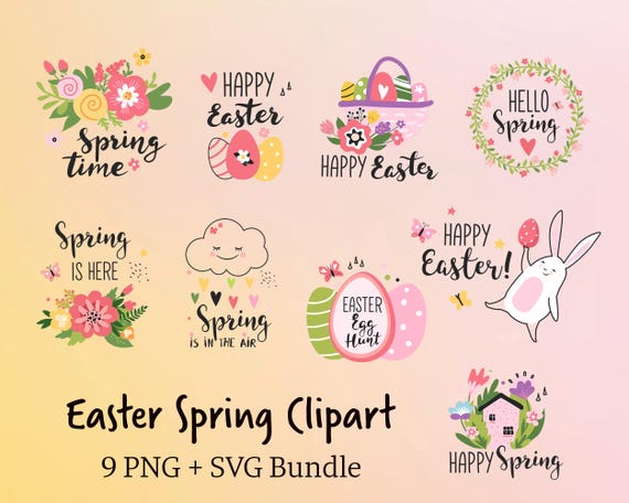 Easter Spring Clipart Set | Flowers, Bunny, Eggs, Calligraphy (9 PNG SVG)