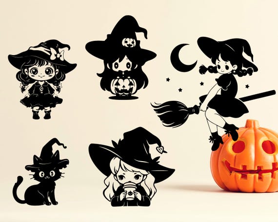 Kawaii Halloween Clipart: Spooky Witch, Cat, Pumpkin (SVG & PNG)