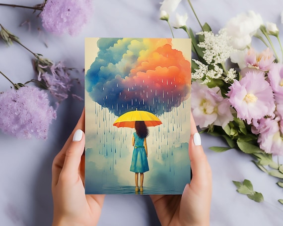 Rainbow Rain Girl Wall Art | Inspirational Digital Print | Colourful Cloud Watercolor Poster