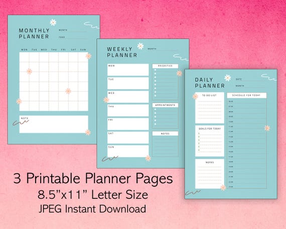 Blue Floral Printable Planner Set | Daily, Weekly and Monthly Productivity Planners | 8.5x11 Digital Download