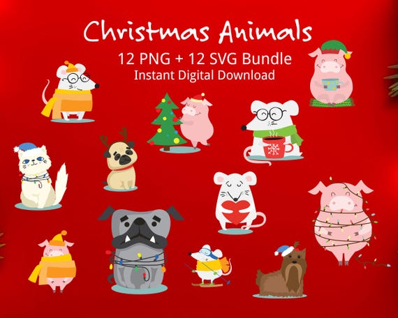 Christmas Animal Clipart Bundle | 12 PNG + 12 SVG (Digital Download)