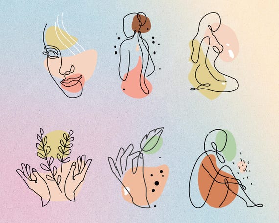 Boho One Line Art Clipart: Minimalist Women & Hands (PNG, SVG)