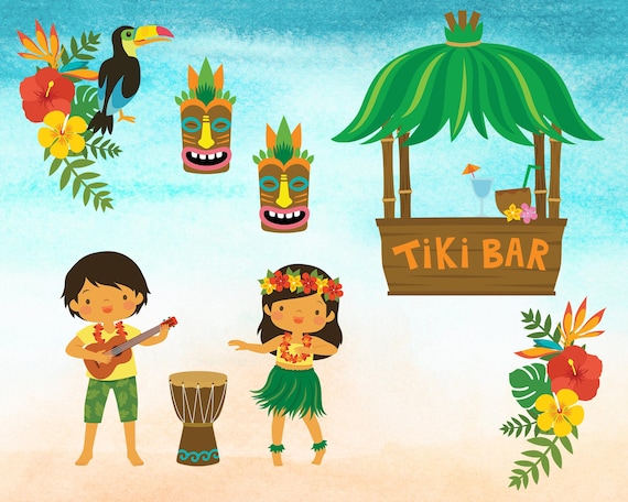 Tropical Clipart Set – Tiki Bar, Hawaiian Kids, Masks & Flowers | Clipart for Beach Party Invites | Cartoon Tropical Elements