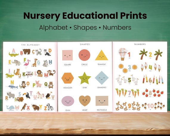 Nursery Educational Prints | ABC, Numbers, Shapes Learning | Kids Wall Art (8.5x11 Digital Download)