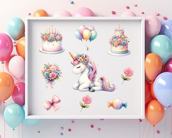 Unicorn Birthday Clipart Bundle | Pastel Party PNG & SVG | Kids Birthday Cake Balloons Decor