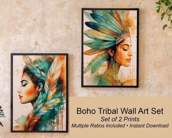 Native Lady Art Prints: Soft Pastel Colours, Set of 2 (Digital Download}