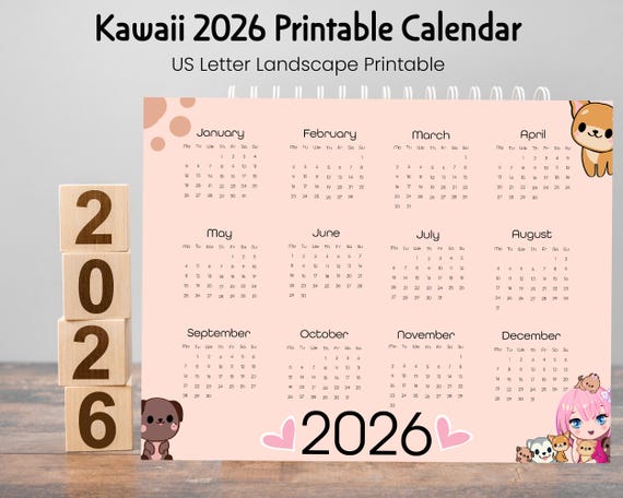 2026 Printable Kawaii Animal Calendar for Wall Decor, Gifts & Organization