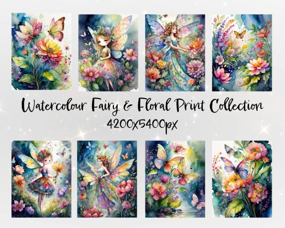 Watercolour Fairy & Floral Print Collection | AI Fantasy Digital Art | Whimsical Fairy Clipart (PDF Download)