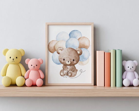 Watercolour Teddy Bear Print | Nursery Wall Art with Blue Balloons | Digital Download