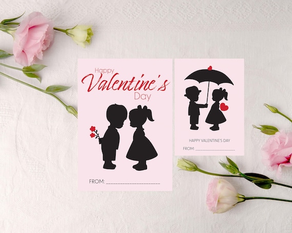 Adorable Kids Valentine's Day Exchange Cards – Cute Boy and  Girl Silhouettes with Red Roses & Balloons | School Exchange Valentine Cards