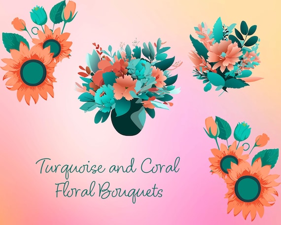 Turquoise and Coral Floral Bouquets Clipart Set | Elegant Flower PNG & SVG Bundle | Digital Download