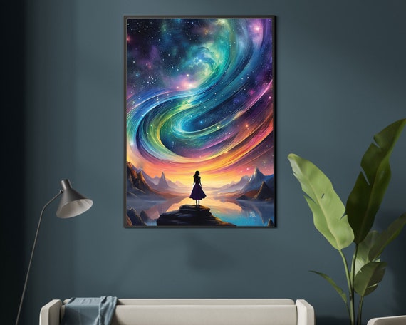 Rainbow Galaxy Woman Silhouette Wall Art Cosmic Celestial Print | Digital Download Home Decor