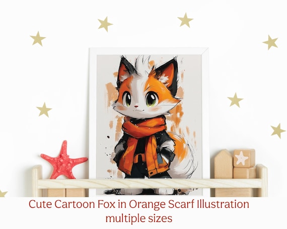 Cartoon Fox Wall Art | Fox Illustration with Orange Scarf | Nursery Animal Printable
