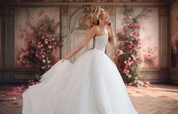 Victorian Floral Ballroom Backdrop | Elegant Pink Roses Photo Background | Wedding Portrait Backdrop |  Digital Download