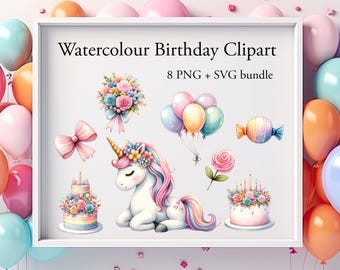 Watercolor Birthday Clipart Set 8 | Unicorn Birthday Party PNG Bundle