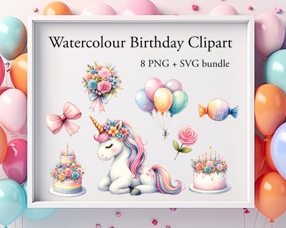 Watercolor Birthday Clipart Set 8 | Unicorn Birthday Party PNG Bundle