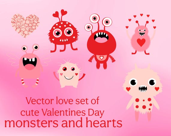 Valentine Monster Clipart Set | Love Monsters SVG PNG | Hearts Valentine Vector