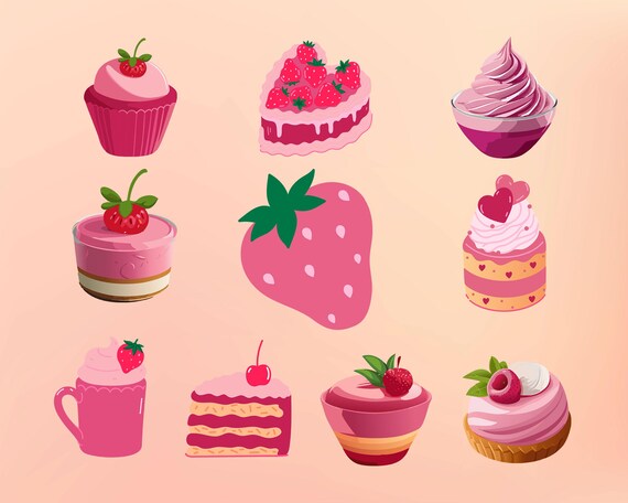 Strawberry Dessert Clipart: Pink Cake & Cupcake Illustrations (PNG, SVG Digital Download)