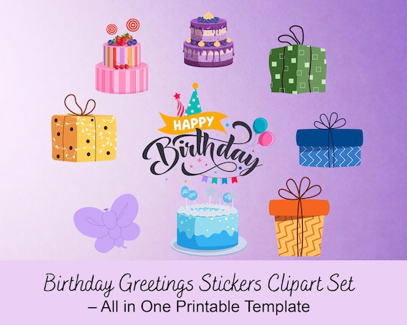 Birthday Greetings Stickers Clipart Set | Cake & Gift Stickers | Party Digital Download