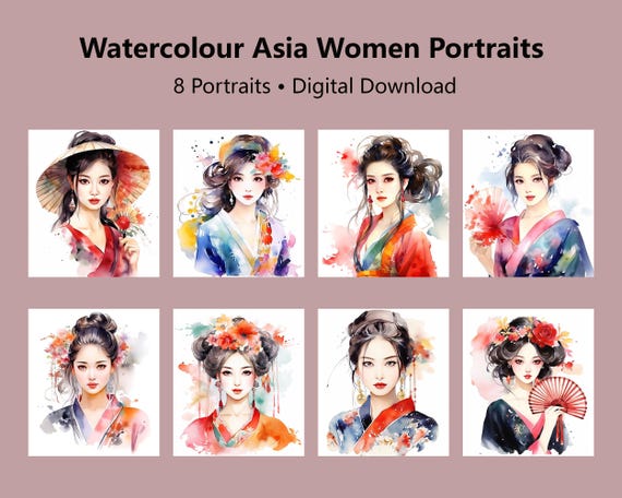 Watercolour Chinese Girl Portraits Set | Asian Art Wall Decor (Digital Download)