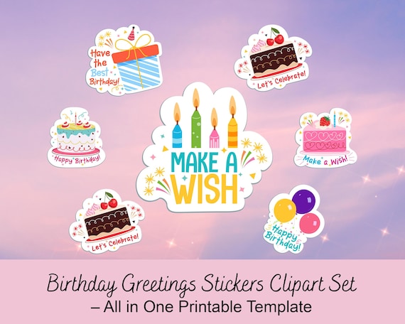 Happy Birthday Printable Stickers | Cake Balloons Gift Clipart | Party Digital Download PNG SVG