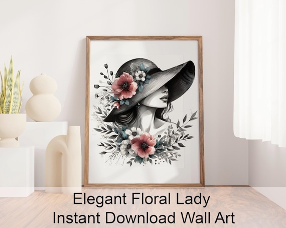 Elegant Woman Floral Hat Print | Modern Line Art (Digital Download)