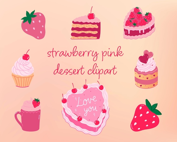 Strawberry Dessert Clipart: Pink Cake & Cupcake Illustrations (PNG, SVG Digital Download)