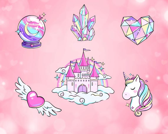 Magical Fantasy Clipart Set – Unicorn, Crystal, Castle & Rainbow Elements | Pastel Unicorn and Rainbow Clipart | Fairy Tale Themed Graphics