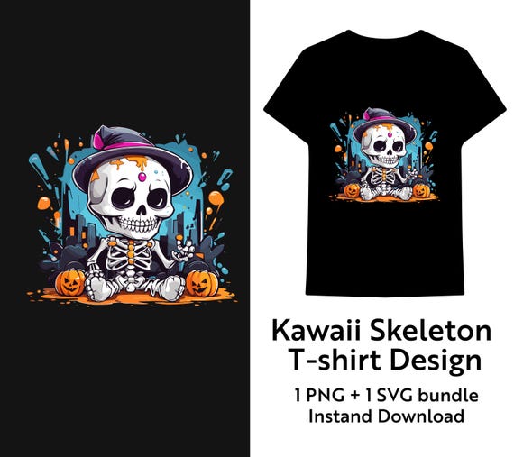 Kawaii Halloween Skeleton Witch T-Shirt Design (PNG + SVG Bundle)