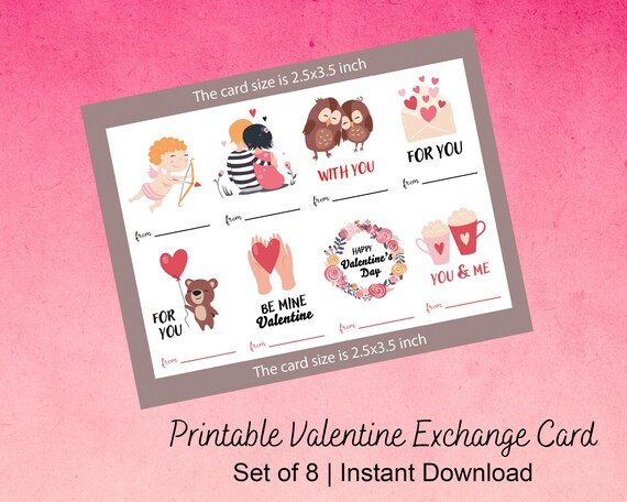 Valentine Exchange Cards | Printable Classroom Valentines | Hearts, Cupids, Owls & Couples | Kids Party Cards