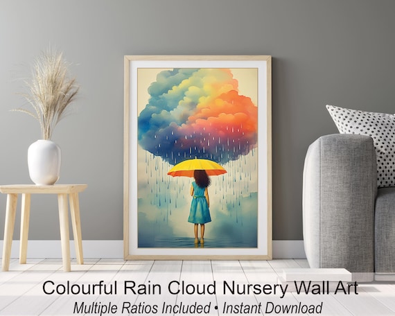 Rainbow Rain Girl Wall Art | Inspirational Digital Print | Colourful Cloud Watercolor Poster