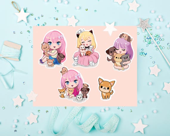 Kawaii Anime Girl & Pet Stickers: Pastel Printable Sheet (Digital Download)