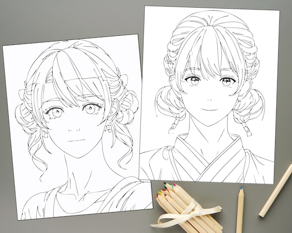 Anime Girl Colouring Pages: 8 Japan-Style Manga Faces (PDF)