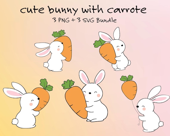 Kawaii Bunny with Carrot Clipart Bundle | 5 PNG, 5 SVG Files (Digital Download)