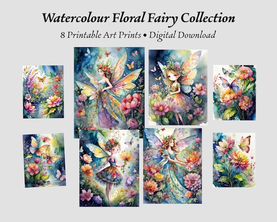 Watercolour Fairy & Floral Print Collection | AI Fantasy Digital Art | Whimsical Fairy Clipart (PDF Download)