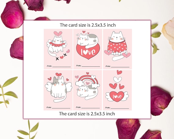 Set of 6 Cute Cat Valentine's Exchange Cards | Printable Mini Love Cards | Classroom Valentine Cards | Kids Valentine Cards Set