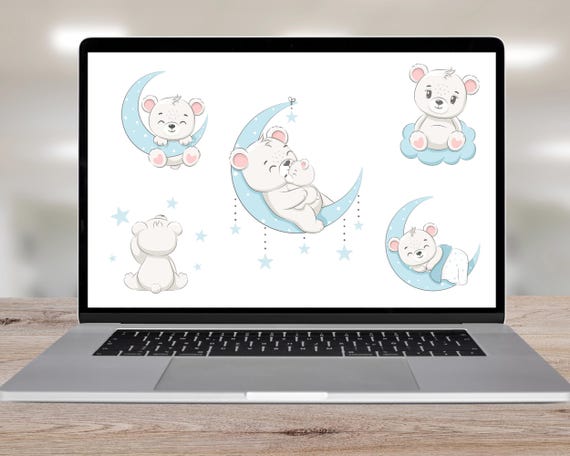 Baby Bear Clipart Set: Sleeping Moon & Stars (Digital Download)
