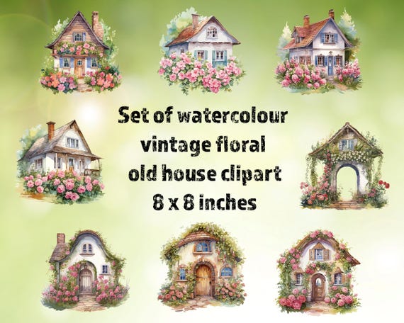 Watercolour Vintage House Clipart Set | Cottage Floral Houses PNG | Fairytale Cottage Illustration