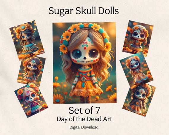 Little Sugar Skull Doll Printable Art Set of 7 | Day of the Dead Wall Art | Gothic Cute Decor