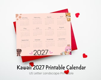 Calendario imprimible de animales Kawaii 2027 para decoración de pared, regalos y organización.