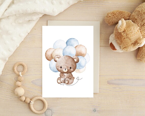 Watercolour Illustration of Baby Teddy Bears and Blue Balloons | Adorable Watercolour Teddy Bear Wall Art - Nursery & Kids Room Decor |